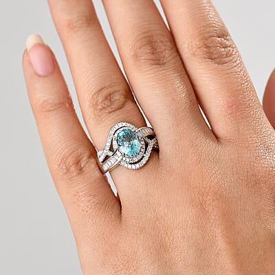 D'Joy Cambodian Blue Zircon and Moissanite 3.90 ctw Orbit Ring in Rhodium Over Sterling Silver (Size 10.0)