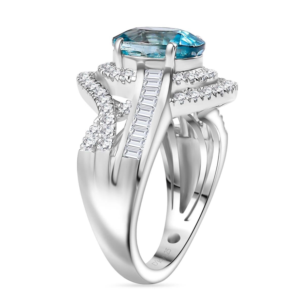 D'Joy Cambodian Blue Zircon and Moissanite 3.90 ctw Orbit Ring in Rhodium Over Sterling Silver (Size 10.0) image number 3