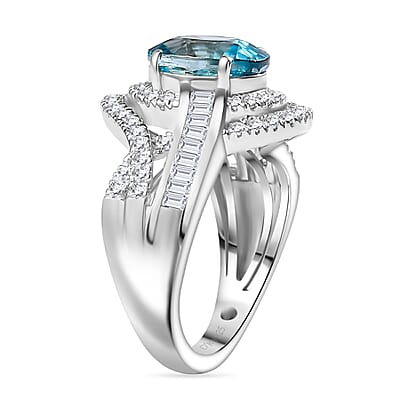 D'Joy Cambodian Blue Zircon and Moissanite 3.90 ctw Orbit Ring in Rhodium Over Sterling Silver (Size 10.0)