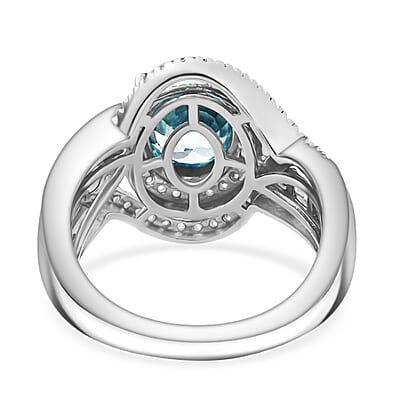 D'Joy Cambodian Blue Zircon and Moissanite 3.90 ctw Orbit Ring in Rhodium Over Sterling Silver (Size 10.0)