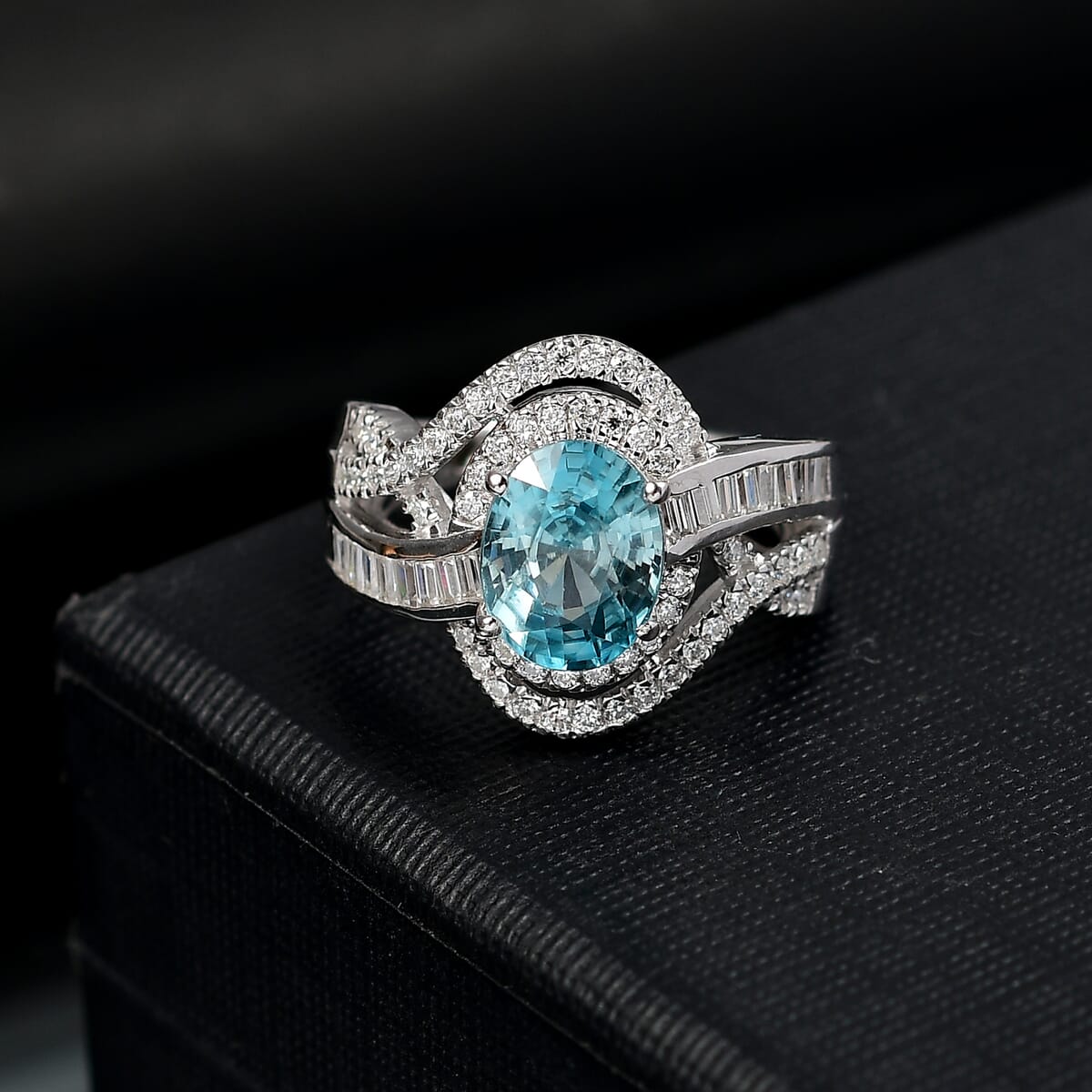 D'Joy Cambodian Blue Zircon and Moissanite 3.90 ctw Orbit Ring in Rhodium Over Sterling Silver (Size 5.0) image number 1
