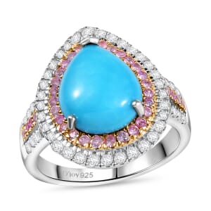 D'Joy Sleeping Beauty Turquoise and Multi Gemstone 4.90 ctw Cosmic Bloom Ring in Rhodium Over Sterling Silver (Size 10.0)