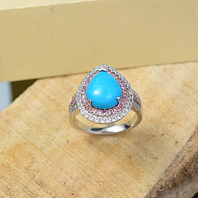 D'Joy Sleeping Beauty Turquoise and Multi Gemstone 4.90 ctw Cosmic Bloom Ring in Rhodium Over Sterling Silver (Size 10.0)