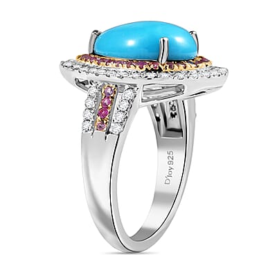 D'Joy Sleeping Beauty Turquoise and Multi Gemstone 4.90 ctw Cosmic Bloom Ring in Rhodium Over Sterling Silver (Size 10.0)