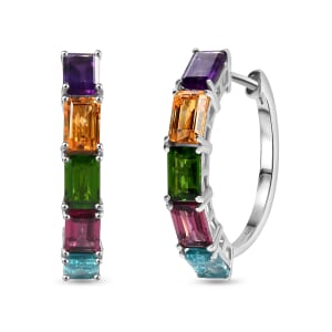 D'Joy Multi Gemstone 6.00 ctw Rainbow Hoop Earrings in Rhodium Over Sterling Silver