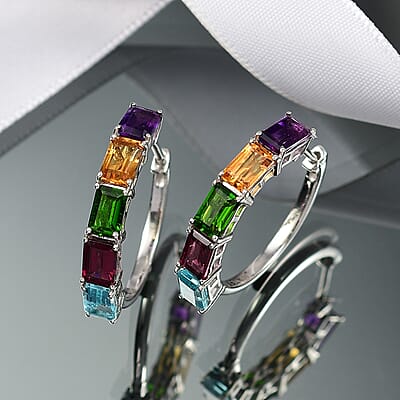 D'Joy Multi Gemstone 6.00 ctw Rainbow Hoop Earrings in Rhodium Over Sterling Silver