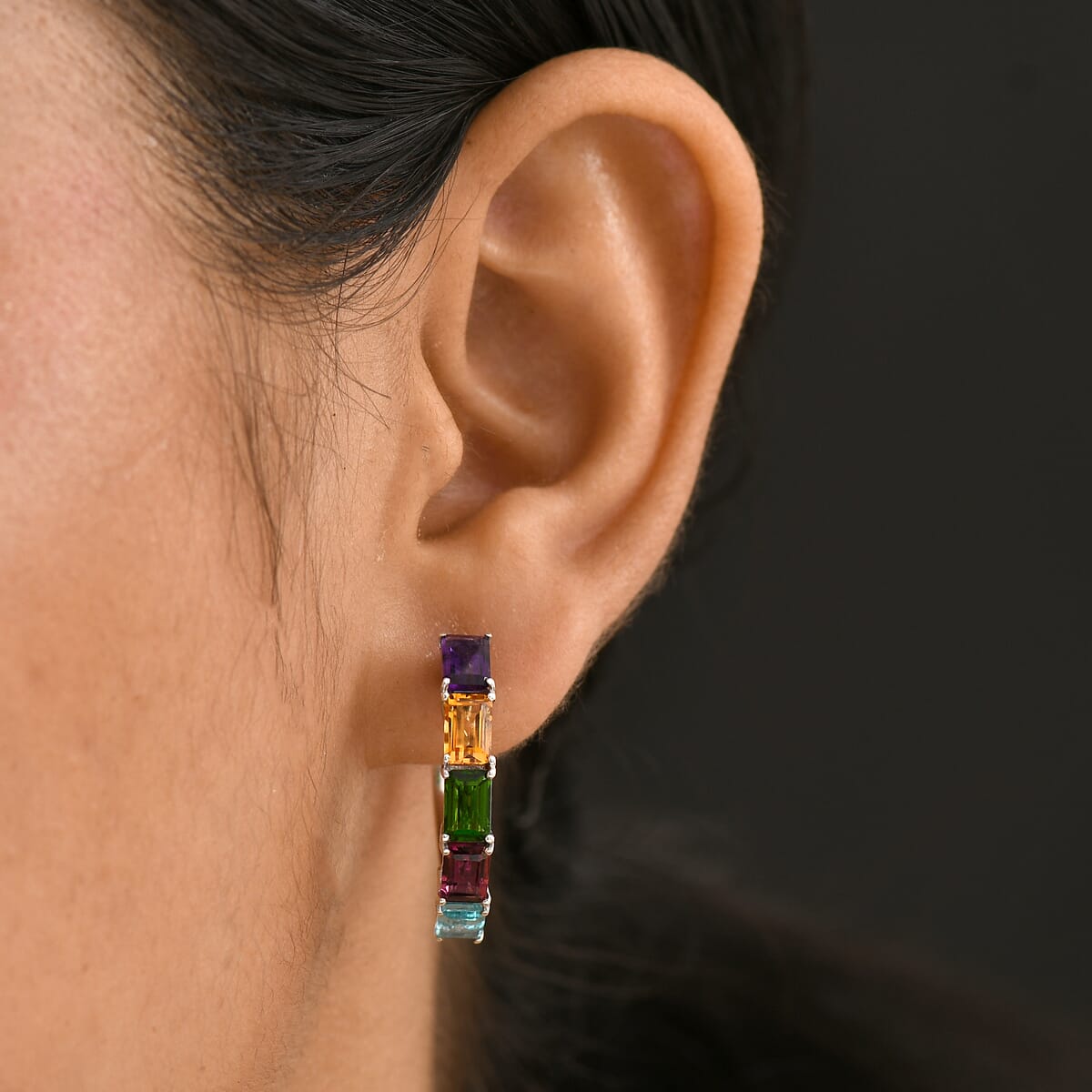 D'Joy Multi Gemstone 6.00 ctw Rainbow Hoop Earrings in Rhodium Over Sterling Silver image number 2