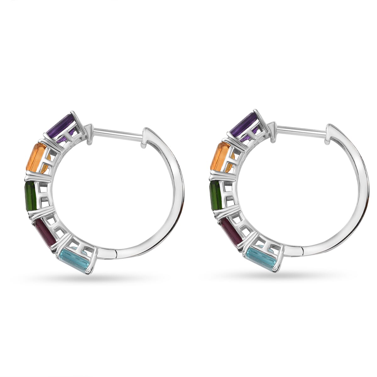 D'Joy Multi Gemstone 6.00 ctw Rainbow Hoop Earrings in Rhodium Over Sterling Silver image number 3