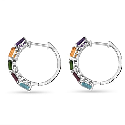 D'Joy Multi Gemstone 6.00 ctw Rainbow Hoop Earrings in Rhodium Over Sterling Silver