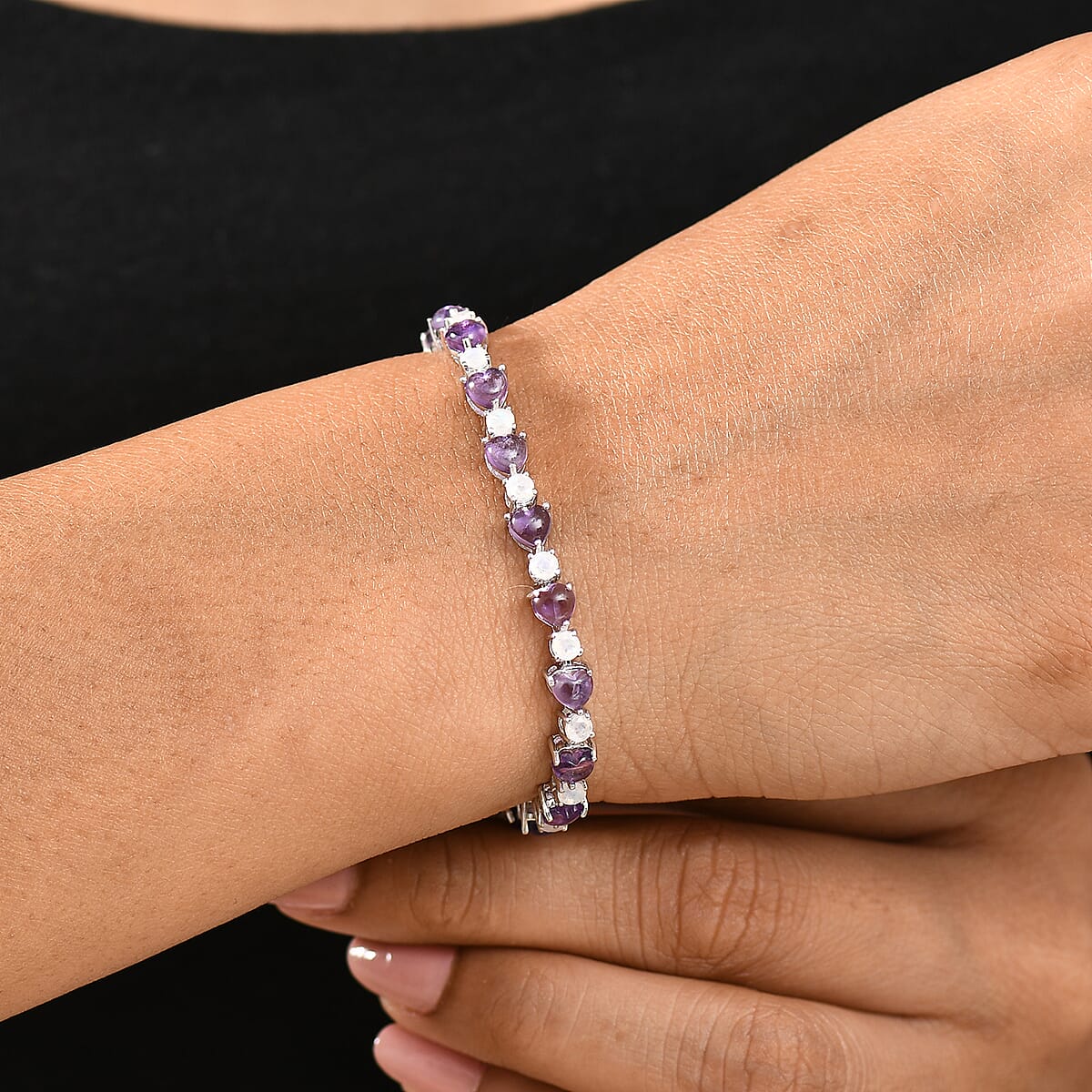 Karis African Amethyst and Rainbow Moonstone 10.75 ctw Bracelet in Platinum Bond (8.00 In) image number 2