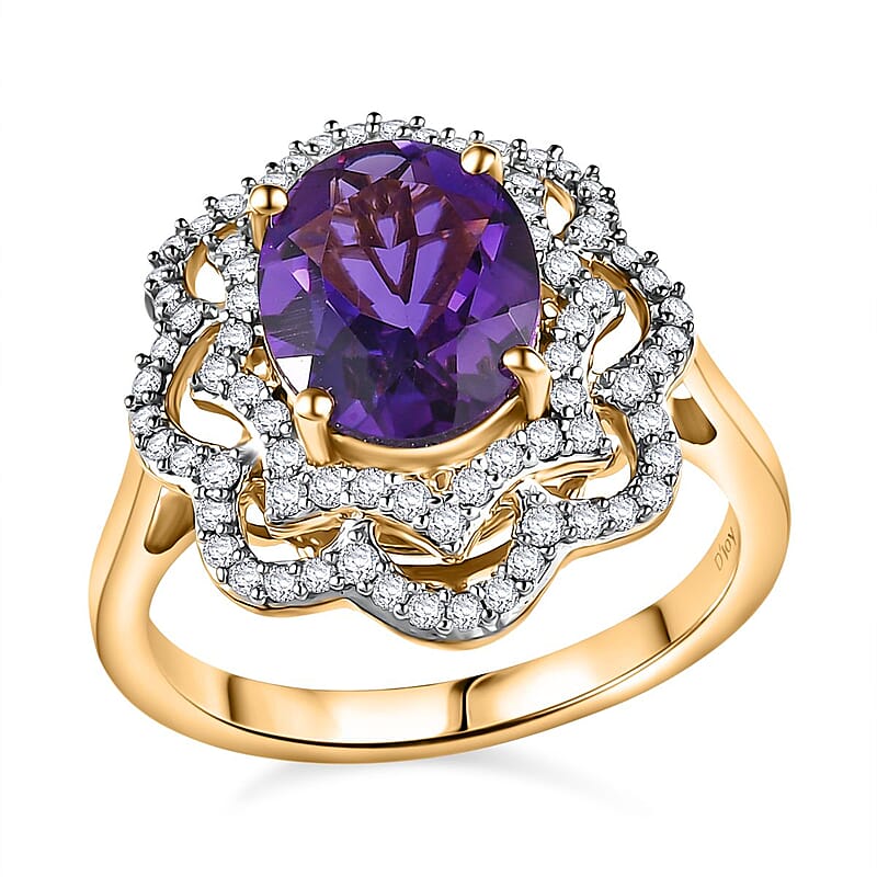 D'Joy Moroccan Amethyst and Moissanite 3.10 ctw Stellar Blossom Ring in 18K Vermeil Yellow Gold Over Sterling Silver (Size 10.0)