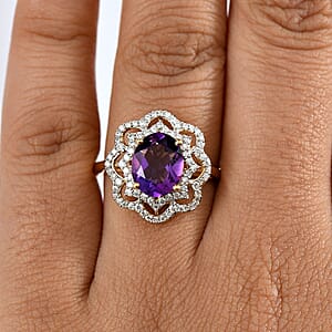 D'Joy Moroccan Amethyst and Moissanite 3.10 ctw Stellar Blossom Ring in 18K Vermeil Yellow Gold Over Sterling Silver (Size 8.0)