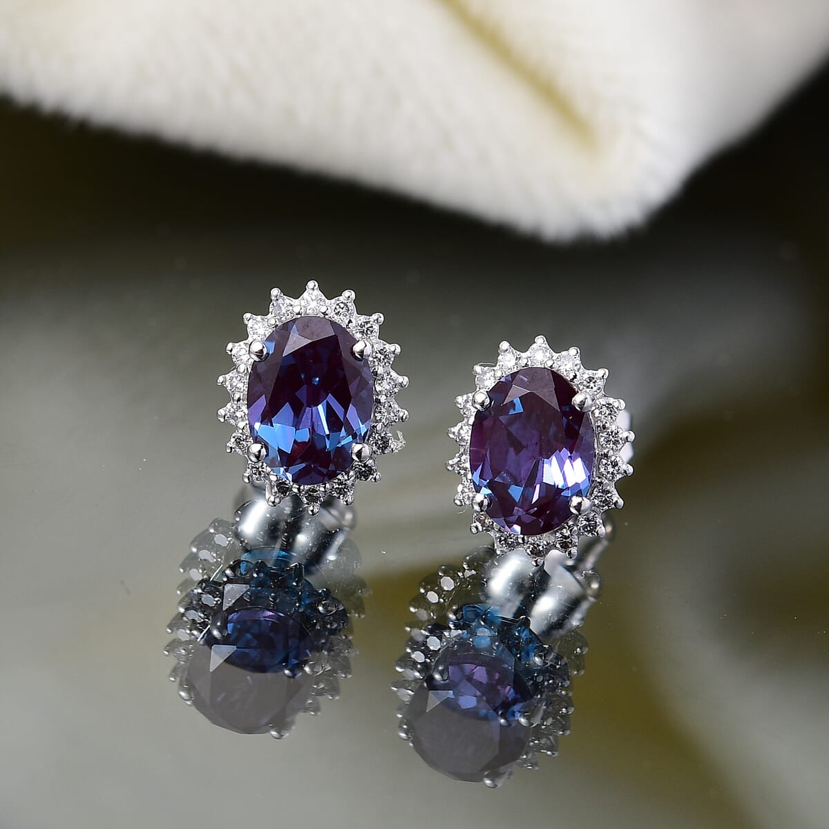 Certified & Appraised AAA Luxuriant Lab Grown Alexandrite and G-H SI Lab Grown Diamond 3.60 ctw Earrings in 10K White Gold image number 1