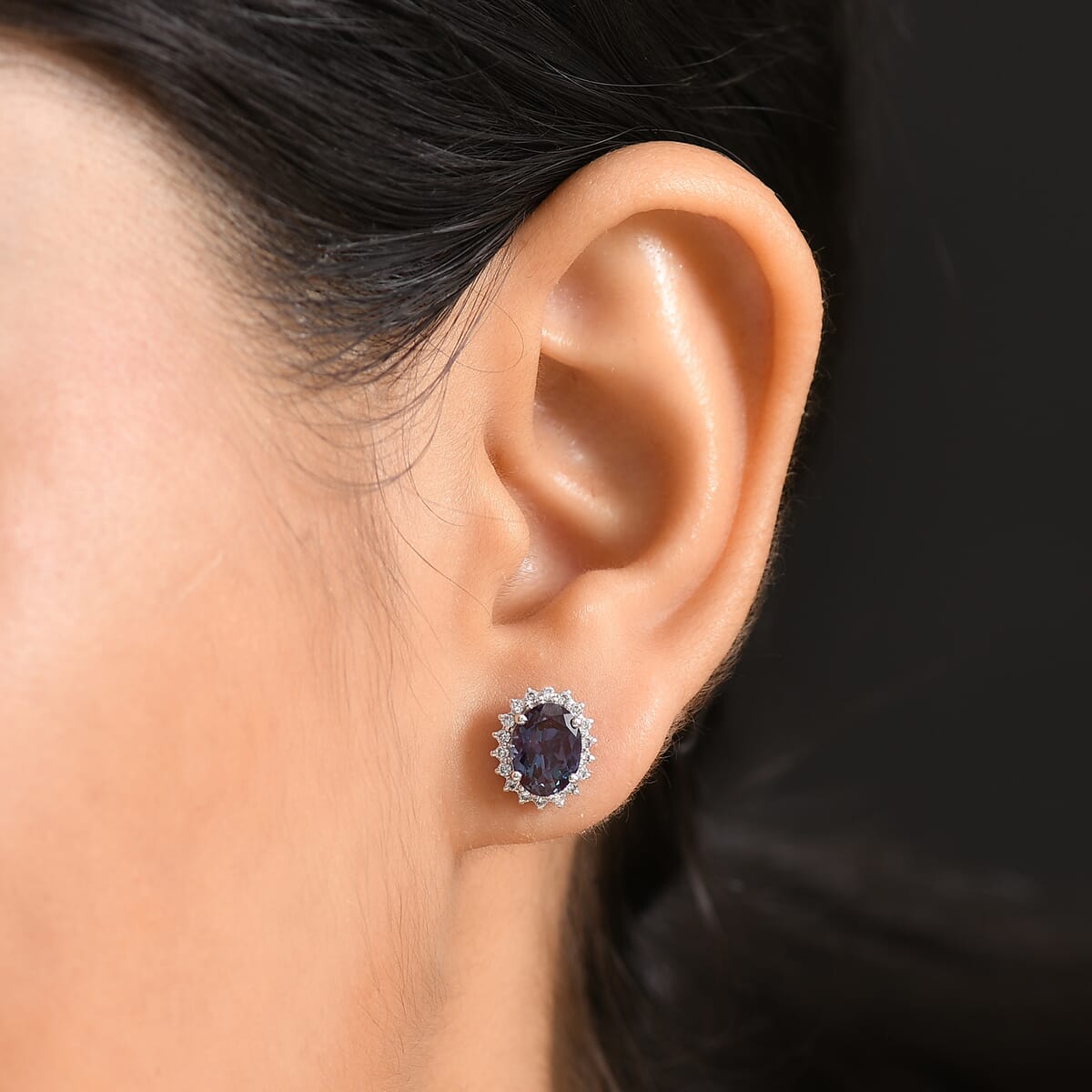 Certified & Appraised AAA Luxuriant Lab Grown Alexandrite and G-H SI Lab Grown Diamond 3.60 ctw Earrings in 10K White Gold image number 2