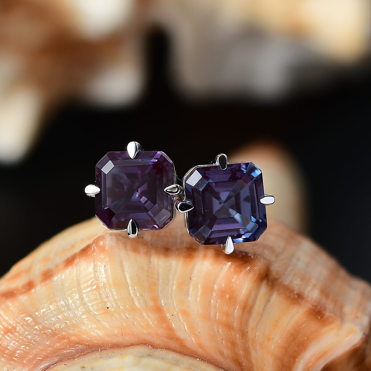 AAA Asscher Cut Luxuriant Lab Grown Alexandrite 2.45 ctw Solitaire Stud Earrings in 10K White Gold image number 1