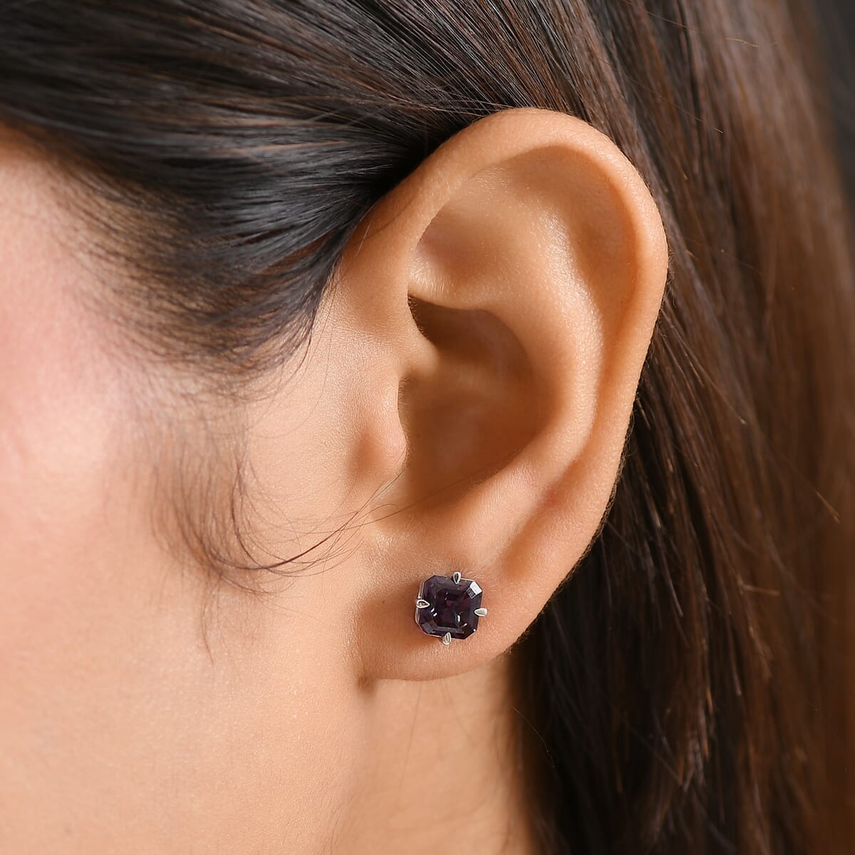 AAA Asscher Cut Luxuriant Lab Grown Alexandrite 2.45 ctw Solitaire Stud Earrings in 10K White Gold image number 2