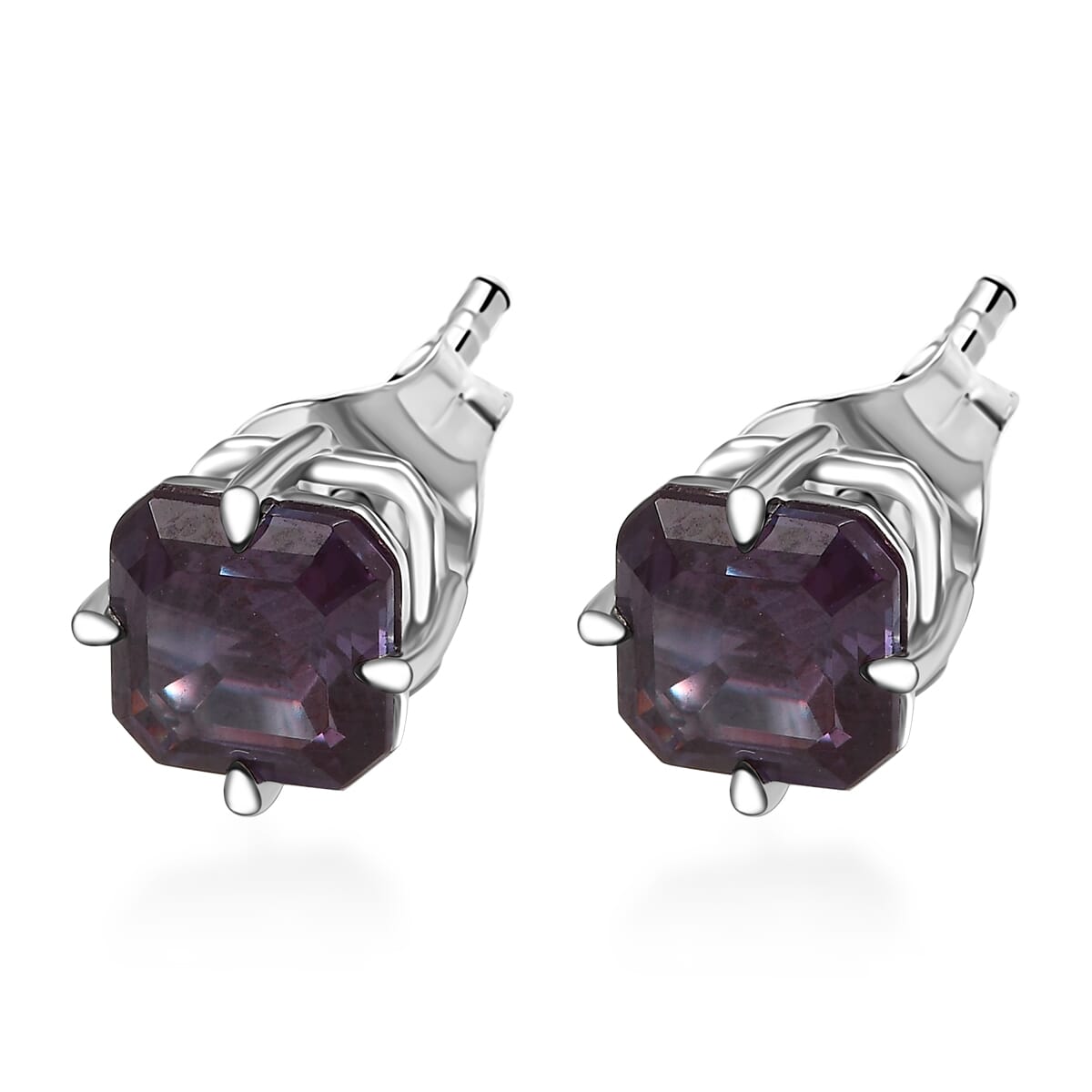 AAA Asscher Cut Luxuriant Lab Grown Alexandrite 2.45 ctw Solitaire Stud Earrings in 10K White Gold image number 3