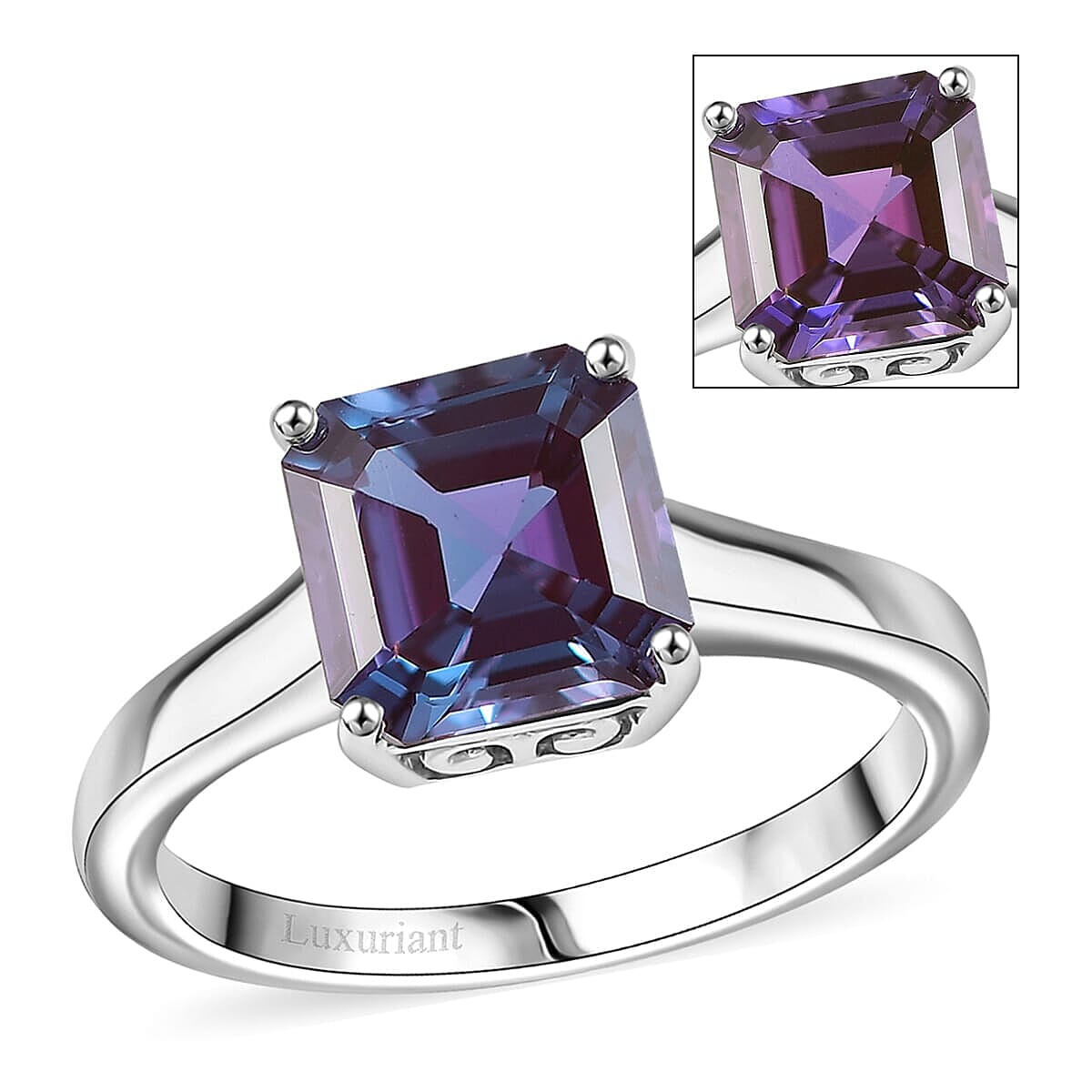 Certified & Appraised 10K White Gold AAA Asscher Cut Luxuriant Lab Grown Alexandrite Solitaire Ring (Size 6.5) 2.95 ctw image number 0