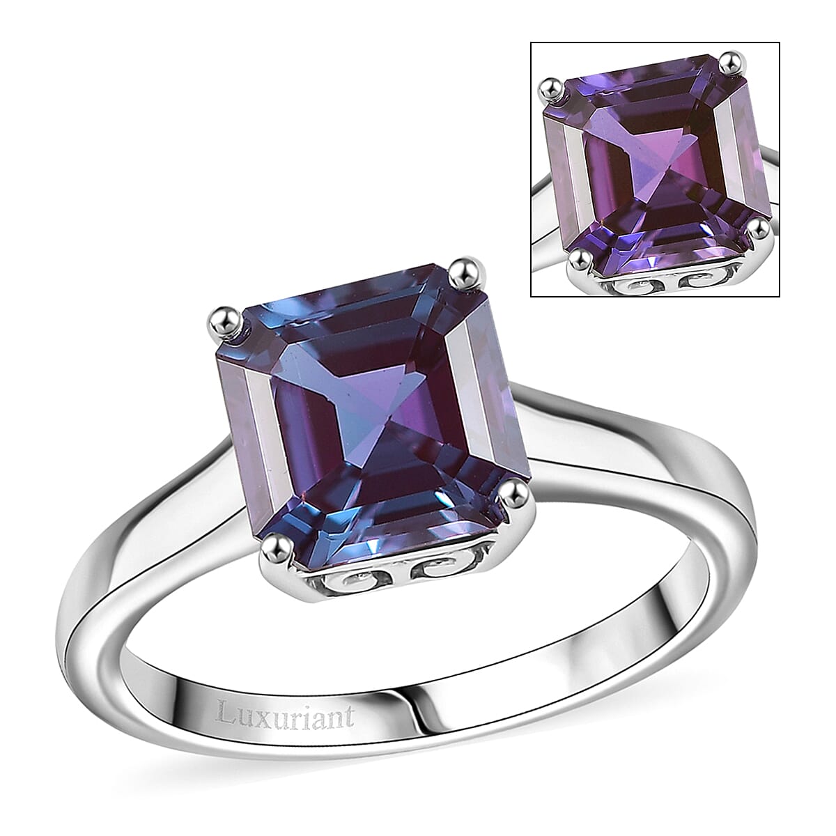Certified & Appraised AAA Asscher Cut Luxuriant Lab Grown Alexandrite 2.95 ctw Solitaire Ring in 10K White Gold (Size 7.0) image number 0