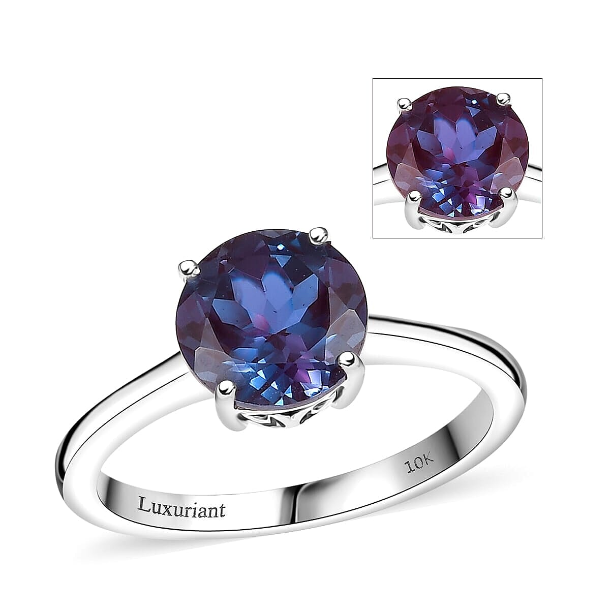 Certified & Appraised 10K White Gold AAA Luxuriant Lab Grown Alexandrite Solitaire Ring (Size 7.5) 2.15 ctw image number 0