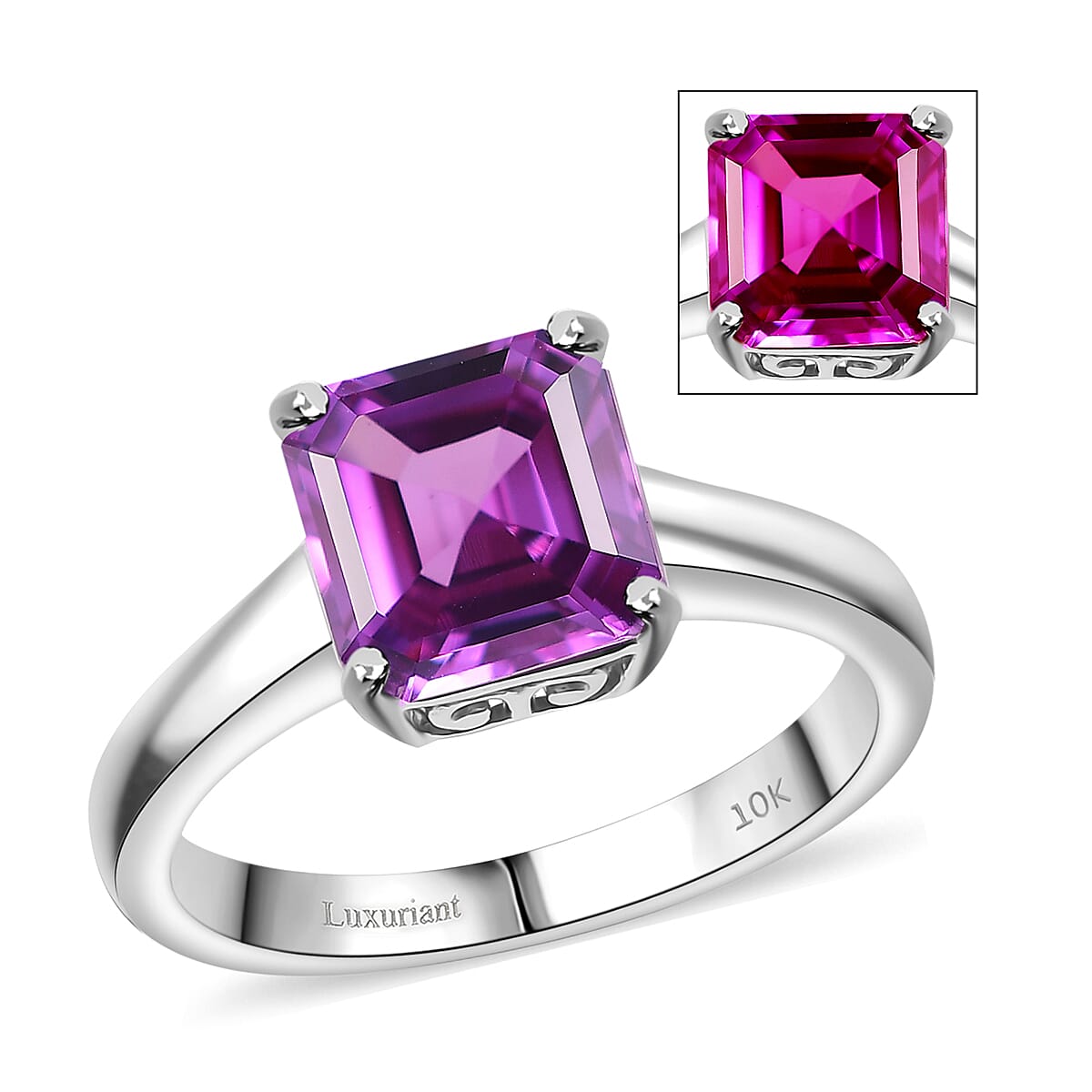 Certified & Appraised Asscher Cut AAA Luxuriant Lab Grown Purple Sapphire 3.54 ctw Solitaire Ring in 10K White Gold (Size 8.0) image number 0