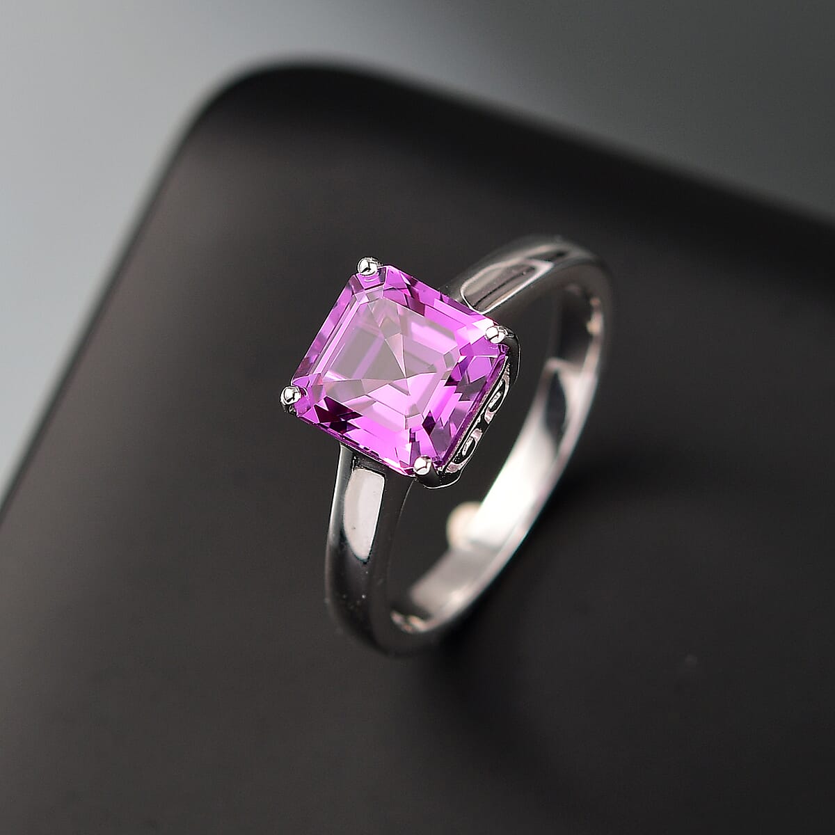 Certified & Appraised Asscher Cut AAA Luxuriant Lab Grown Purple Sapphire 3.54 ctw Solitaire Ring in 10K White Gold (Size 8.0) image number 1