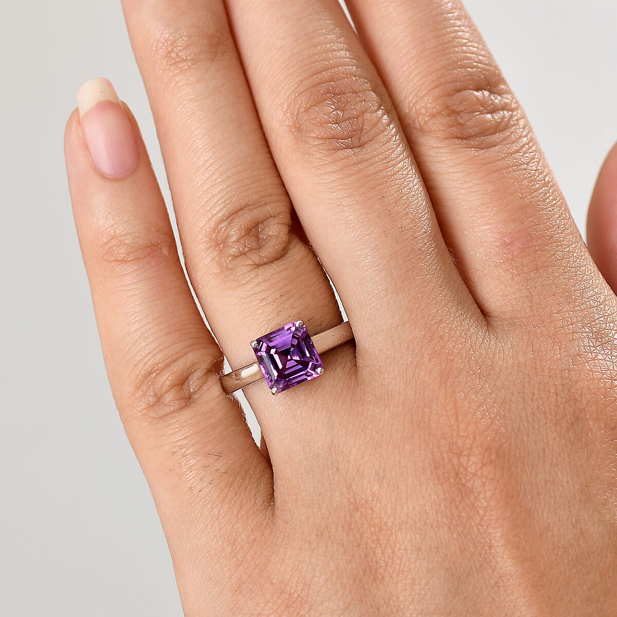 Certified & Appraised Asscher Cut AAA Luxuriant Lab Grown Purple Sapphire 3.54 ctw Solitaire Ring in 10K White Gold (Size 8.0) image number 2