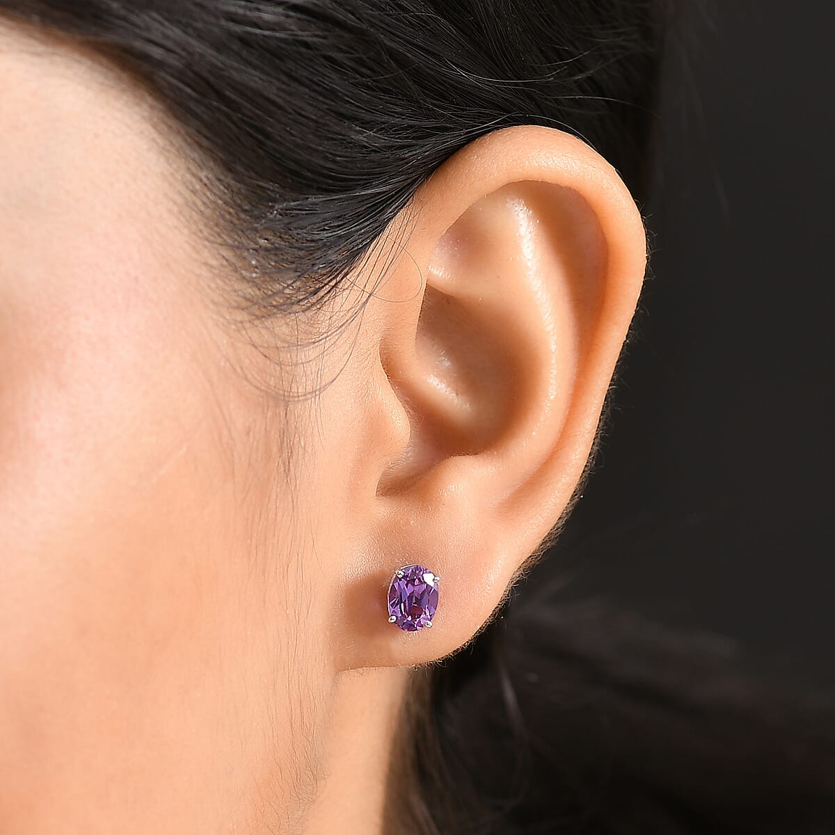 Certified & Appraised AAA Luxuriant Lab Grown Purple Sapphire 2.77 ctw Solitaire Stud Earrings in 10K White Gold image number 2