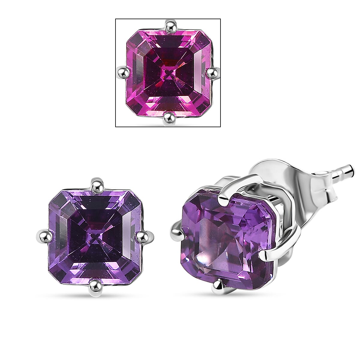 Certified & Appraised AAA Asscher Cut Luxuriant Lab Grown Purple Sapphire 2.94 ctw Solitaire Stud Earrings in 10K White Gold image number 0