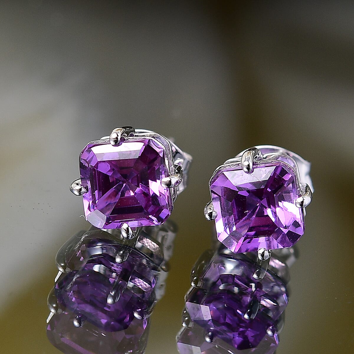 Certified & Appraised AAA Asscher Cut Luxuriant Lab Grown Purple Sapphire 2.94 ctw Solitaire Stud Earrings in 10K White Gold image number 1
