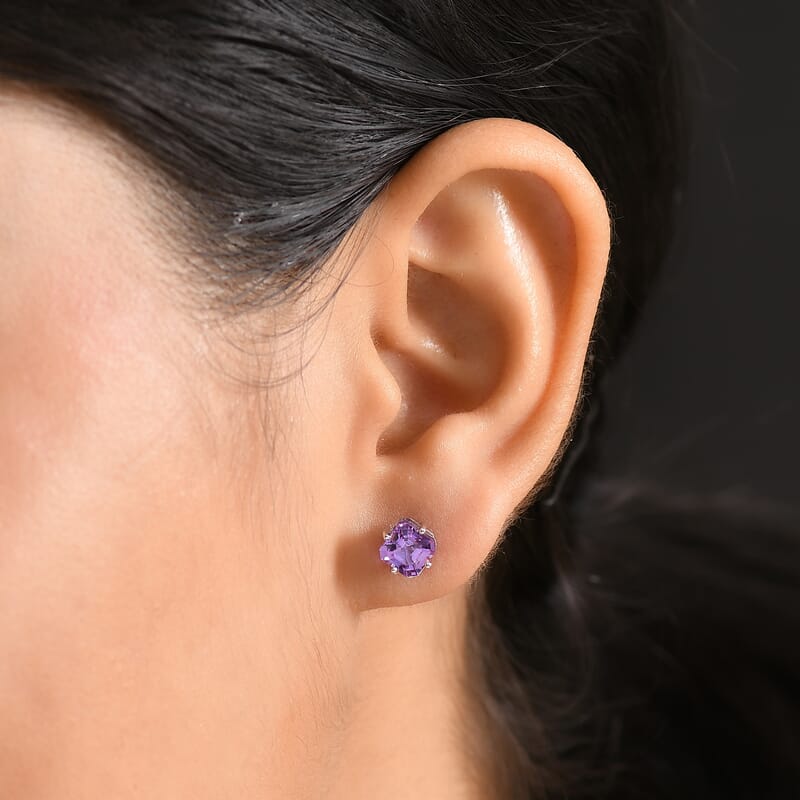 Certified & Appraised AAA Asscher Cut Luxuriant Lab Grown Purple Sapphire 2.94 ctw Solitaire Stud Earrings in 10K White Gold