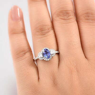 AAA Tanzanite and Luxuriant Lab Grown Diamond G-H I1 1.50 ctw Blue Moon Ring in Rhodium Over Sterling Silver (Size 10.0)