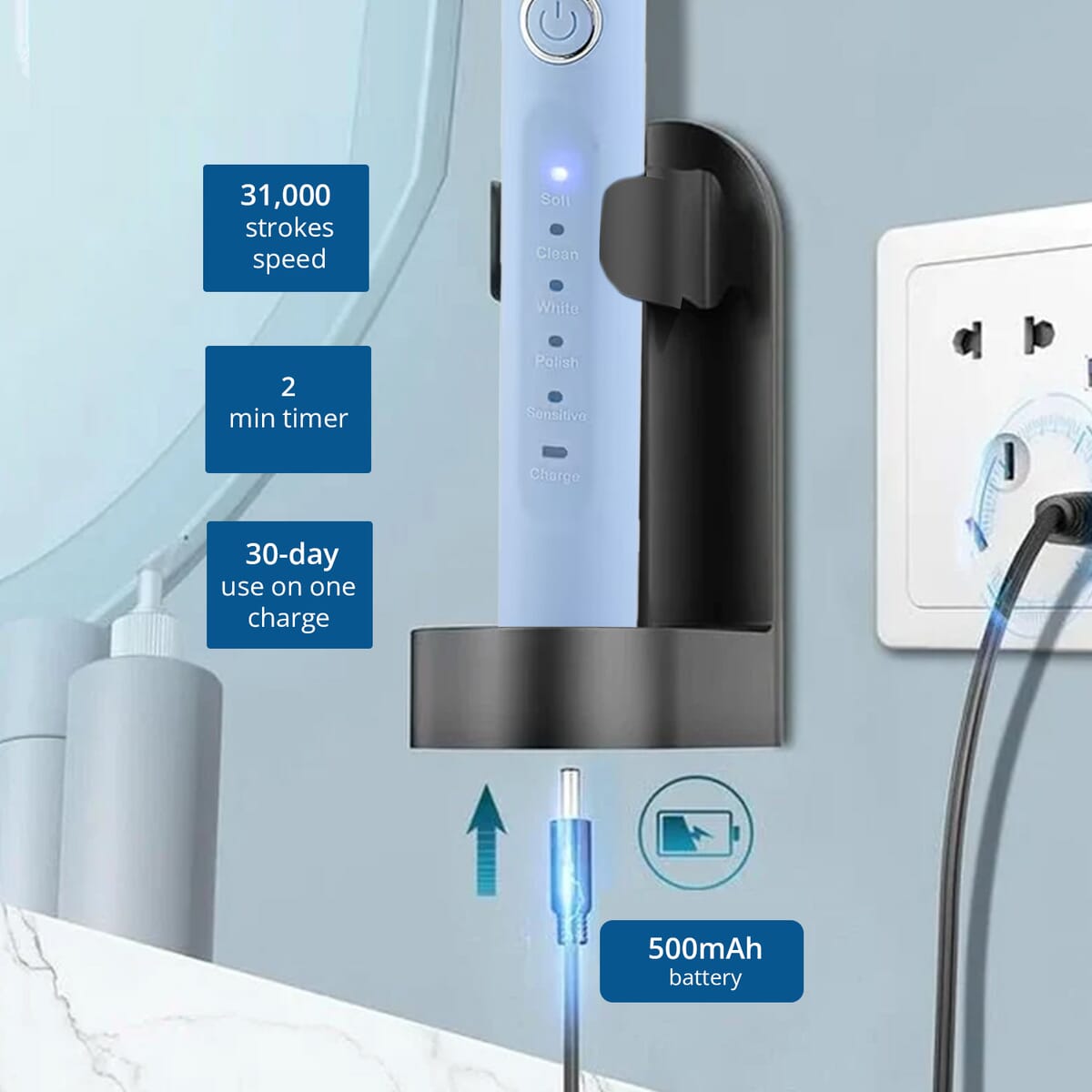 Pursonic USB Rechargeable Sonic Toothbrush With 5 Modes and 12 Brush Heads -Black image number 2