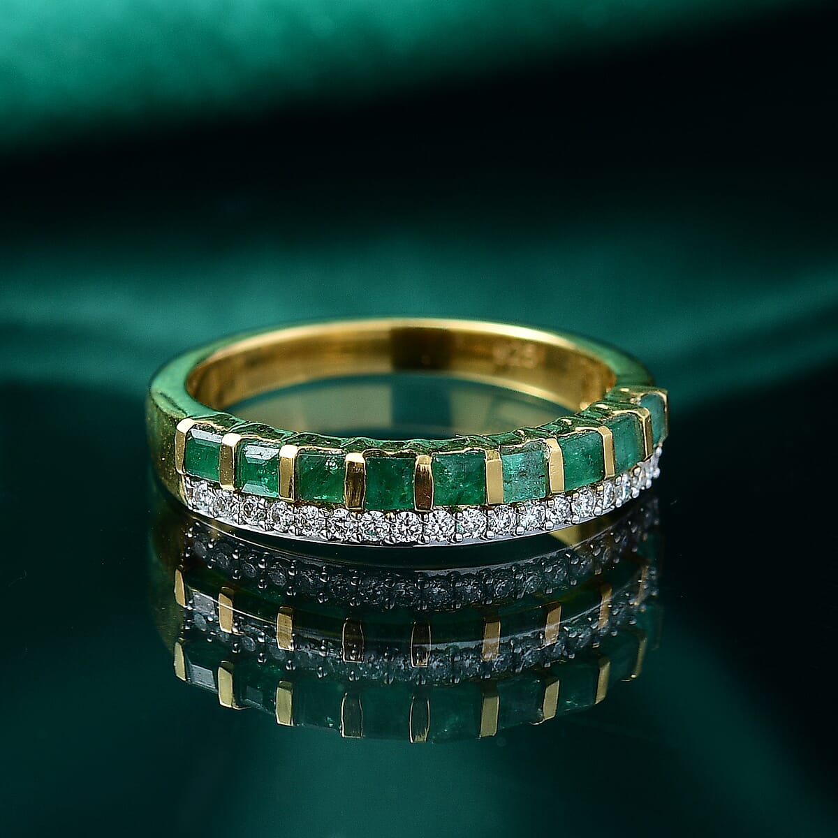 Kagem Zambian Emerald and Moissanite 0.80 ctw Ring in 18K Vermeil Yellow Gold Over Sterling Silver (Size 10.0) image number 1