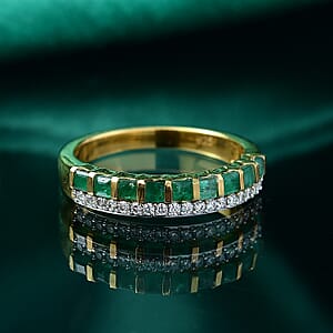 Kagem Zambian Emerald and Moissanite 0.80 ctw Ring in 18K Vermeil Yellow Gold Over Sterling Silver (Size 10.0)