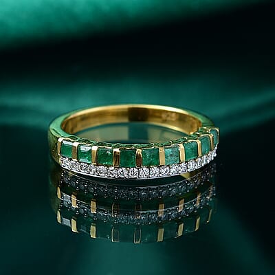 Kagem Zambian Emerald and Moissanite 0.80 ctw Ring in 18K Vermeil Yellow Gold Over Sterling Silver (Size 10.0)