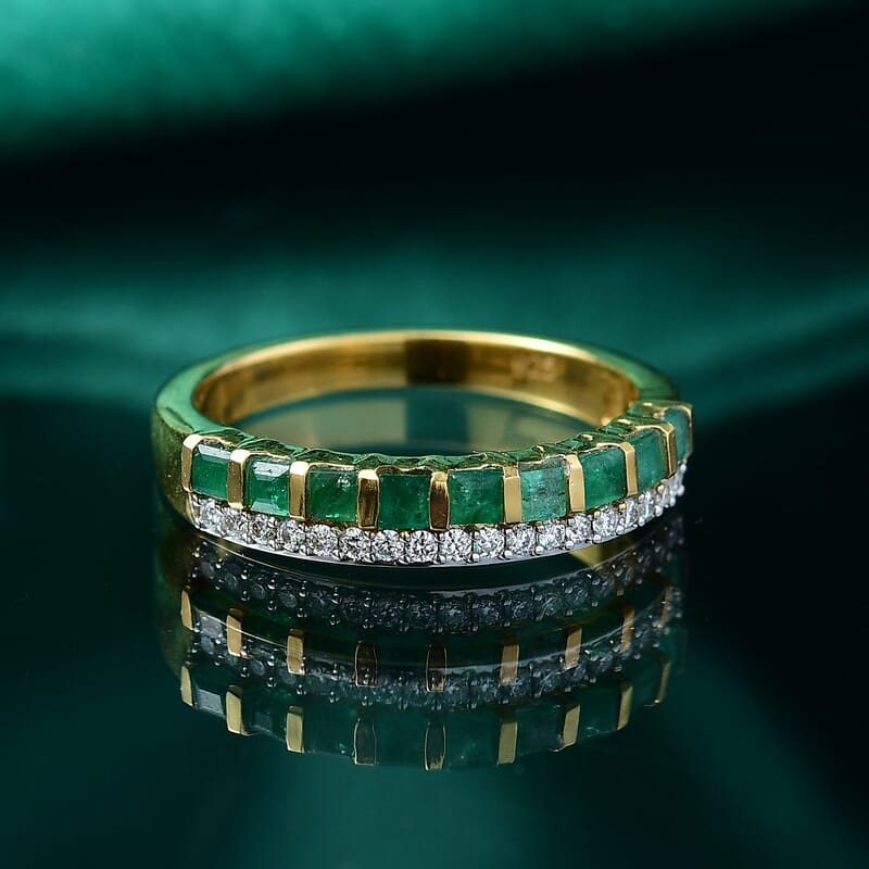 Kagem Zambian Emerald and Moissanite 0.80 ctw Ring in 18K Vermeil Yellow Gold Over Sterling Silver (Size 10.0)