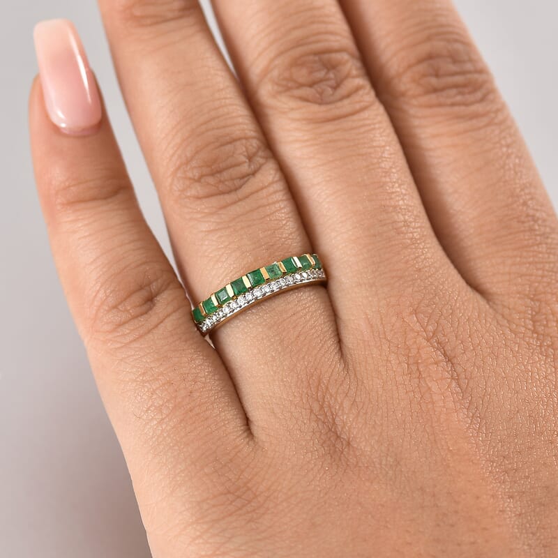 Kagem Zambian Emerald and Moissanite 0.80 ctw Ring in 18K Vermeil Yellow Gold Over Sterling Silver (Size 10.0)