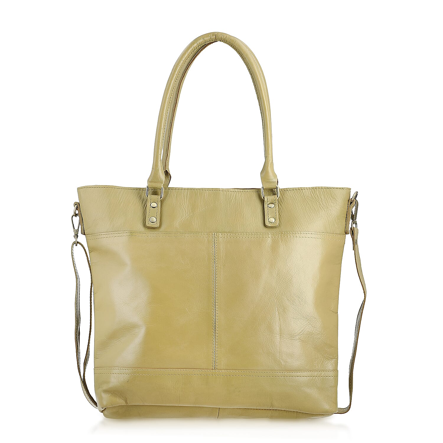 Beige Genuine Leather RFID Protected Tote Bag with Adjustable Detachable Shoulder Strap