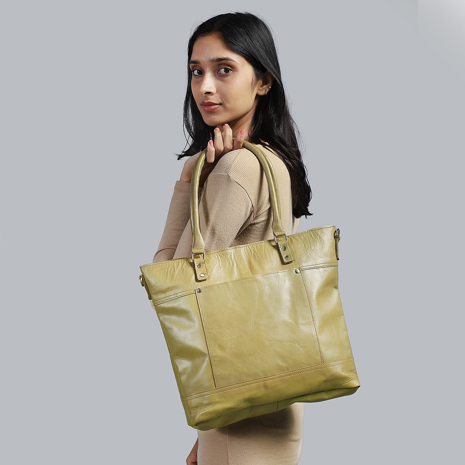 Beige Genuine Leather RFID Protected Tote Bag with Adjustable Detachable Shoulder Strap