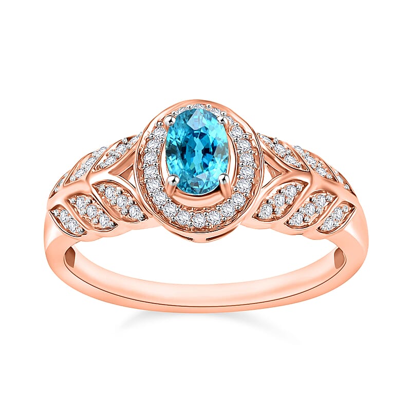 Cambodian Blue Zircon and Moissanite 0.90 ctw Ring in 18K Vermeil Rose Gold Over Sterling Silver (Size 10) 0