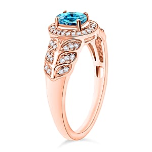 Cambodian Blue Zircon and Moissanite 0.90 ctw Ring in 18K Vermeil Rose Gold Over Sterling Silver (Size 10) 0 (Del. in 10-12 Days)