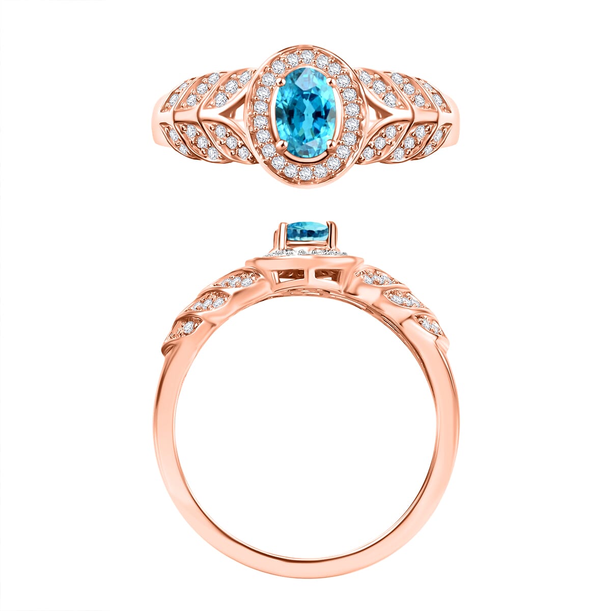 Cambodian Blue Zircon and Moissanite 0.90 ctw Ring in 18K Vermeil Rose Gold Over Sterling Silver (Size 10) 0 image number 3