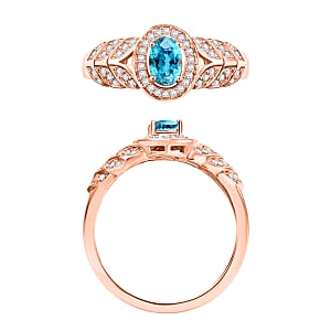 Cambodian Blue Zircon and Moissanite 0.90 ctw Ring in 18K Vermeil Rose Gold Over Sterling Silver (Size 10) 0 (Del. in 10-12 Days)