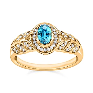 D'Joy Cambodian Blue Zircon and Moissanite 0.90 ctw Ring in 18K Vermeil Yellow Gold Over Sterling Silver (Size 9.0)