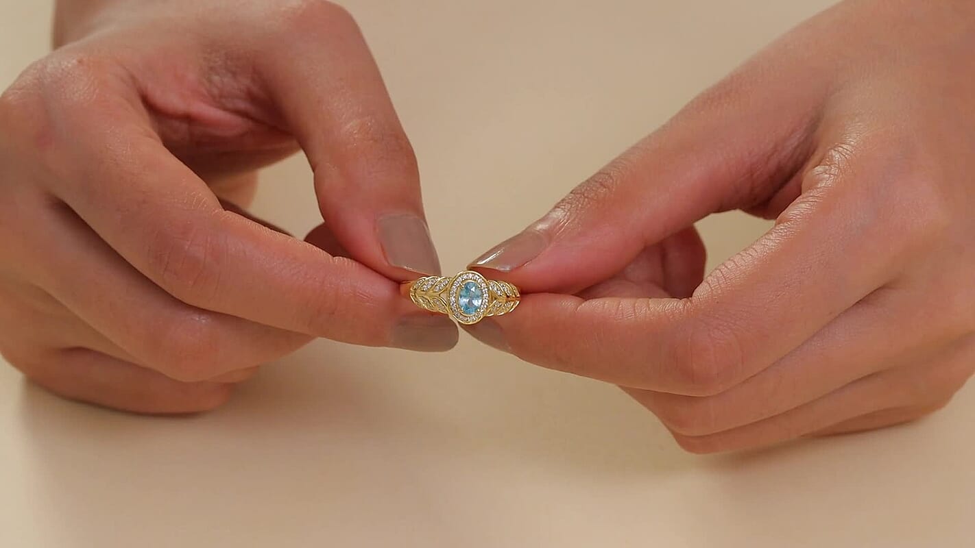 Cambodian Blue Zircon and Moissanite Ring in 18K Vermeil Rose Gold Over Sterling Silver (Size 10) 0.90 ctw