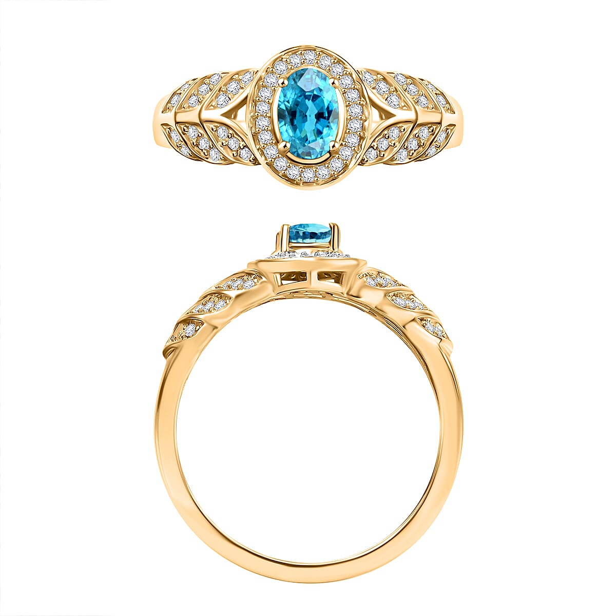 D'Joy Cambodian Blue Zircon and Moissanite 0.90 ctw Ring in 18K Vermeil Yellow Gold Over Sterling Silver (Size 9.0) image number 3