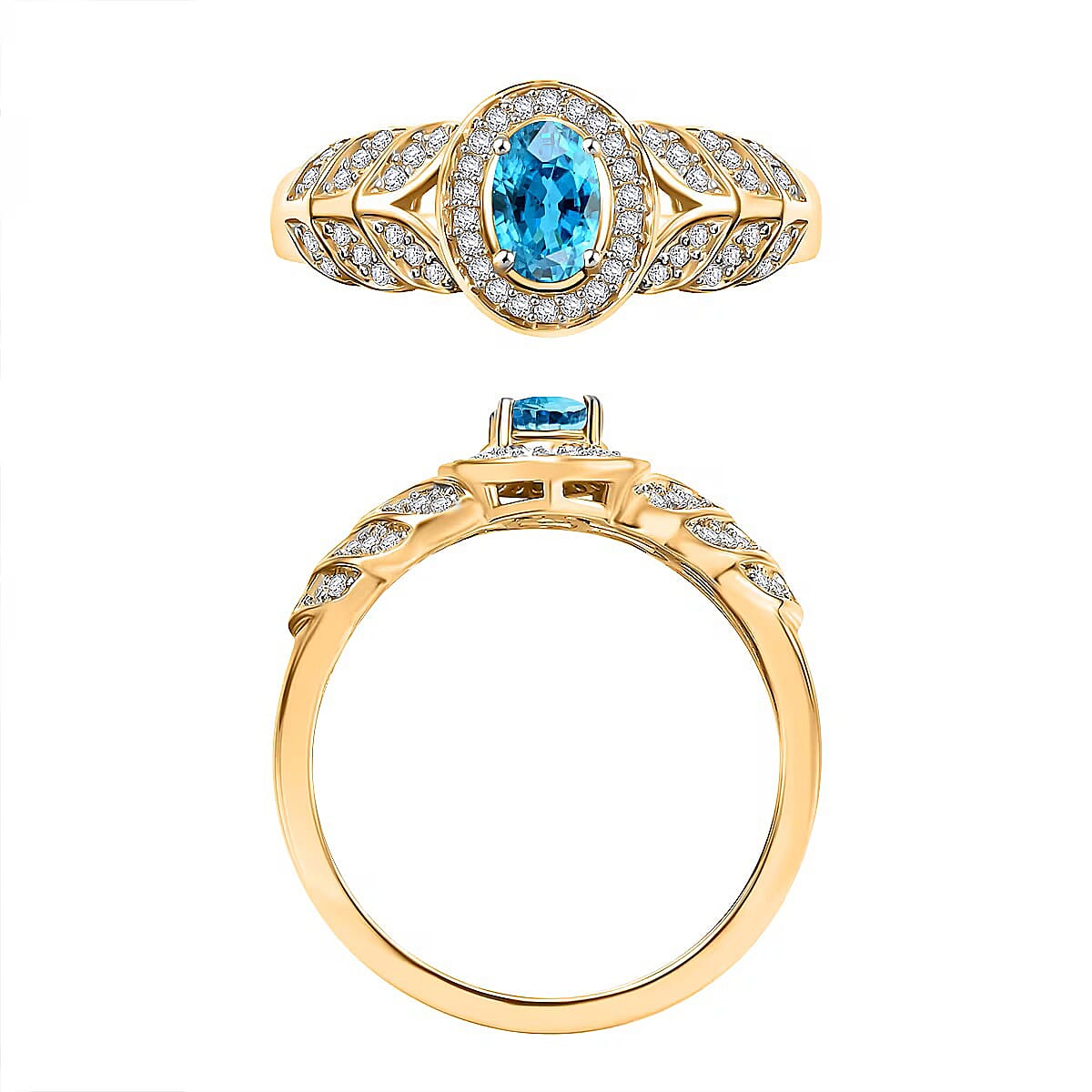 D'Joy Cambodian Blue Zircon and Moissanite 0.90 ctw Ring in 18K Vermeil Yellow Gold Over Sterling Silver (Size 9.0)