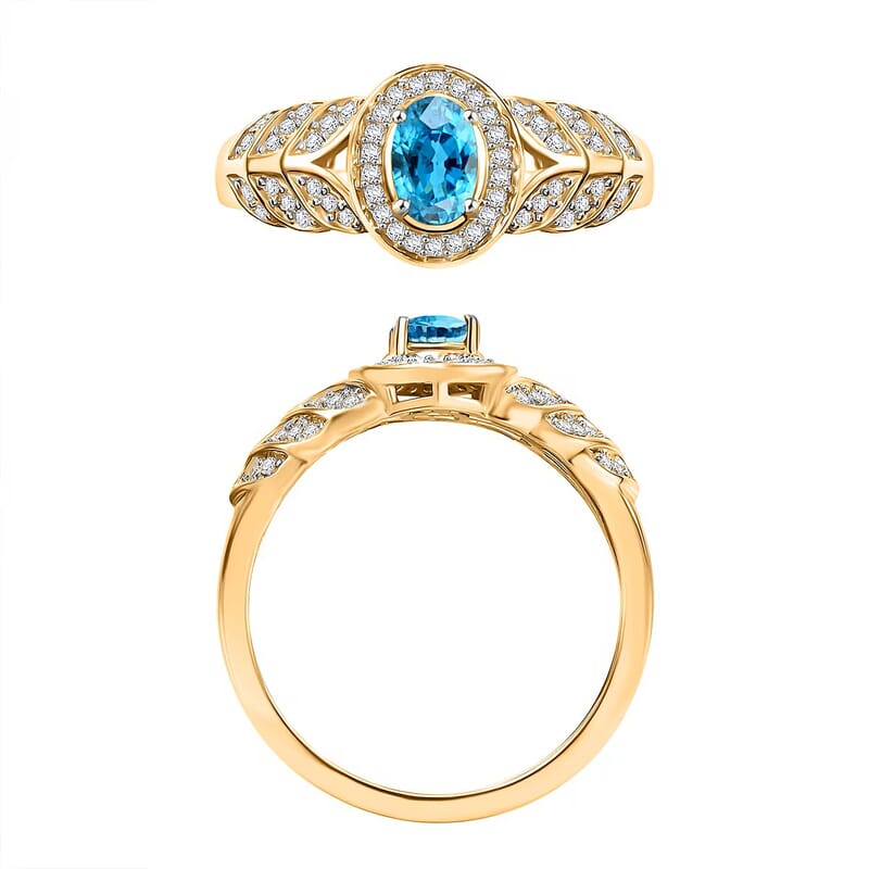 D'Joy Cambodian Blue Zircon and Moissanite 0.90 ctw Ring in 18K Vermeil Yellow Gold Over Sterling Silver (Size 9.0)