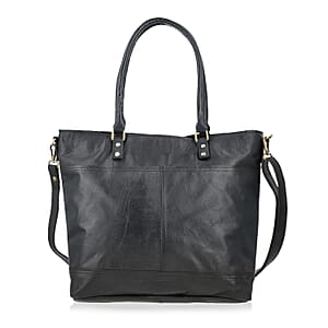 Black Genuine Leather RFID Protected Tote Bag with Adjustable Detachable Shoulder Strap 